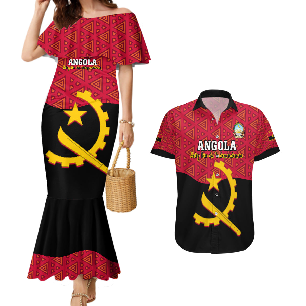 Personalised Angola Independence Day Couples Matching Mermaid Dress and Hawaiian Shirt Angolan Samakaka With Giant Sable Antelope - Wonder Print Shop