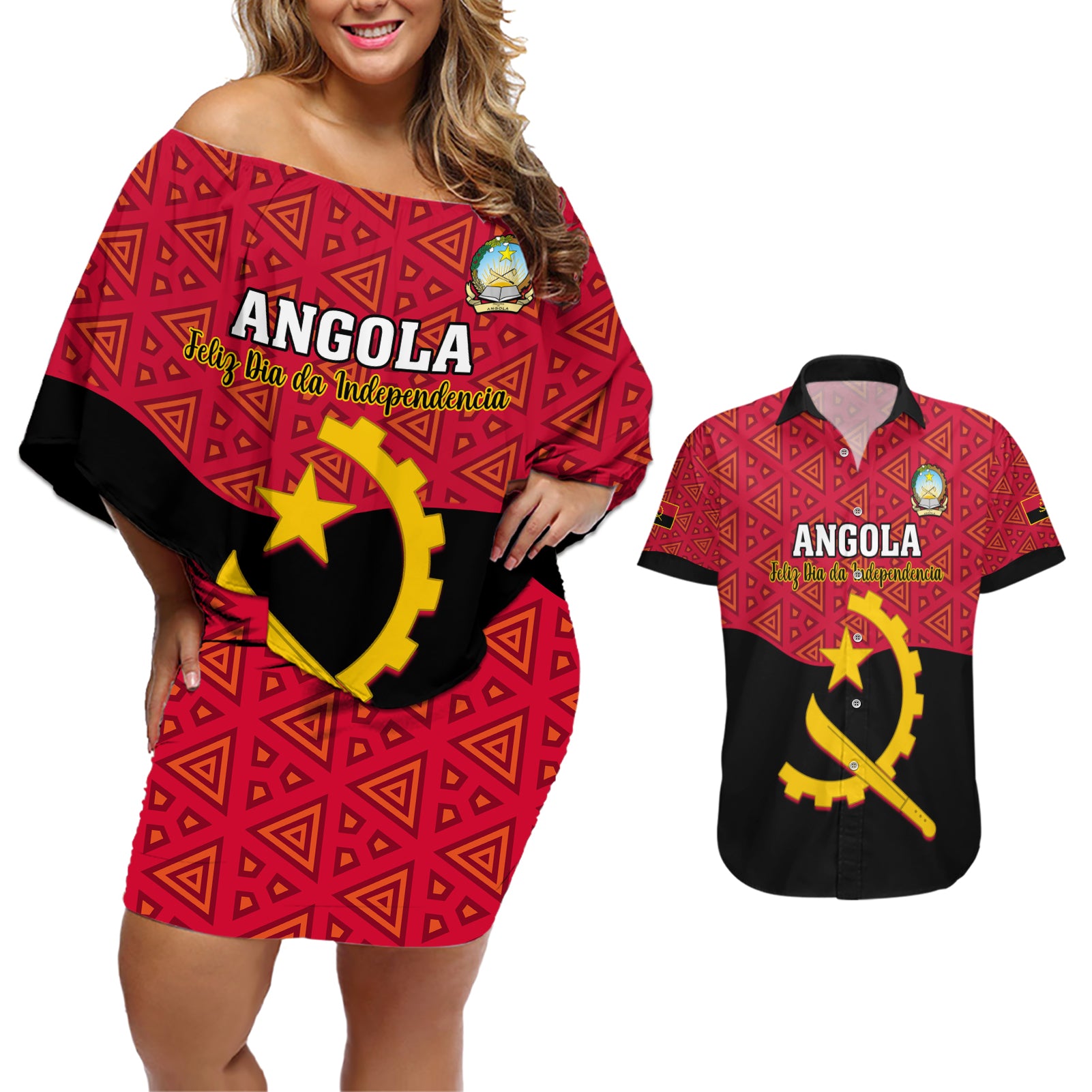 Personalised Angola Independence Day Couples Matching Off Shoulder Short Dress and Hawaiian Shirt Angolan Samakaka With Giant Sable Antelope - Wonder Print Shop