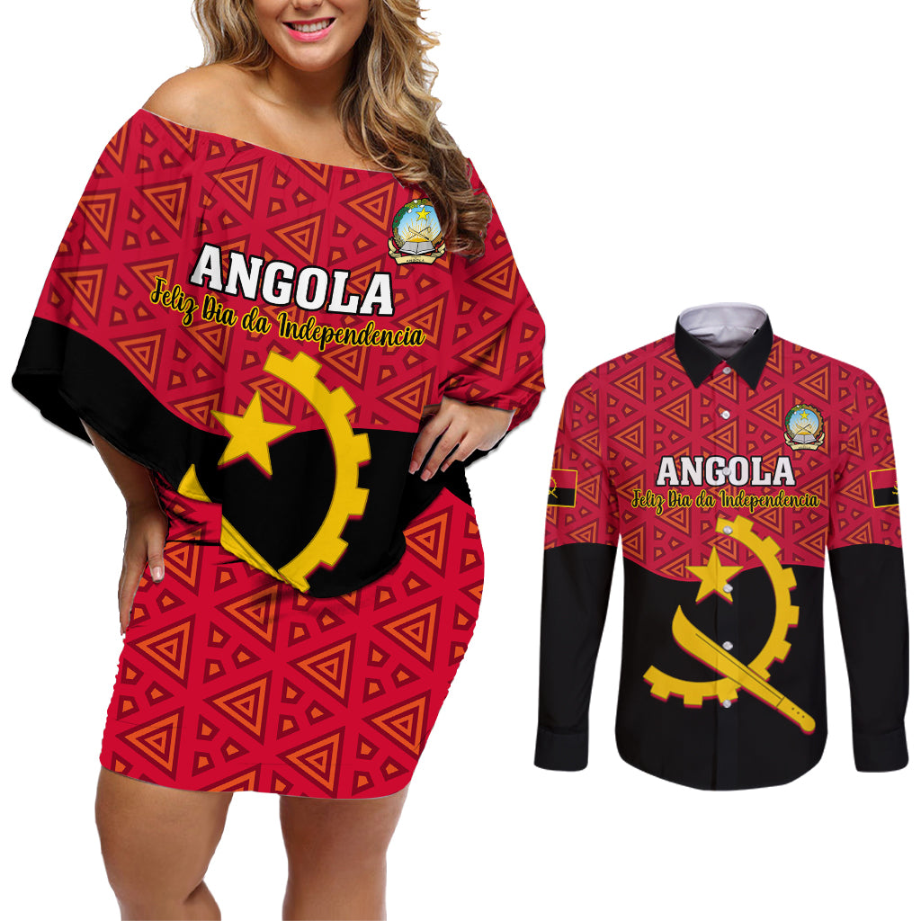 Personalised Angola Independence Day Couples Matching Off Shoulder Short Dress and Long Sleeve Button Shirts Angolan Samakaka With Giant Sable Antelope - Wonder Print Shop