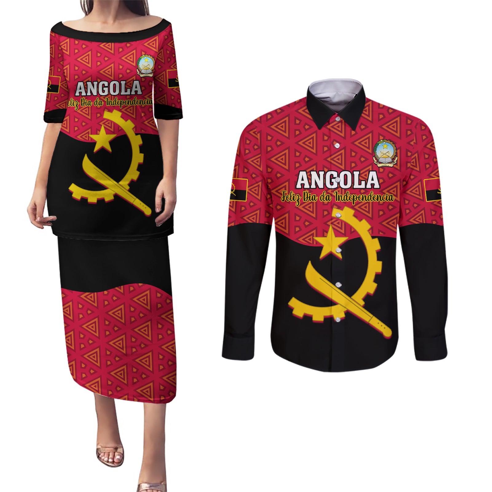 Personalised Angola Independence Day Couples Matching Puletasi Dress and Long Sleeve Button Shirts Angolan Samakaka With Giant Sable Antelope - Wonder Print Shop