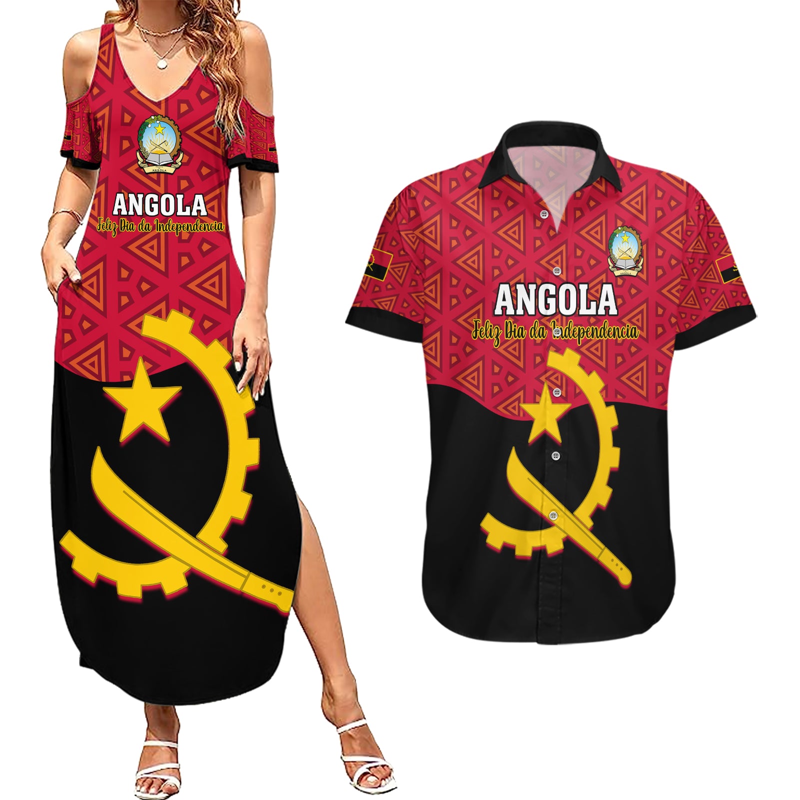 Personalised Angola Independence Day Couples Matching Summer Maxi Dress and Hawaiian Shirt Angolan Samakaka With Giant Sable Antelope - Wonder Print Shop