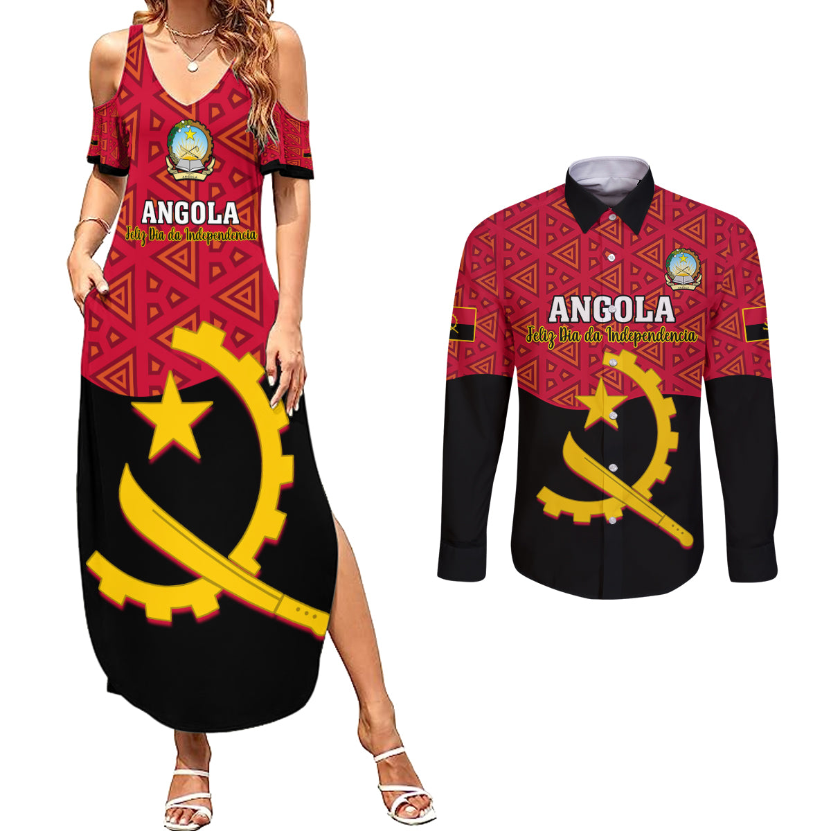 Personalised Angola Independence Day Couples Matching Summer Maxi Dress and Long Sleeve Button Shirts Angolan Samakaka With Giant Sable Antelope - Wonder Print Shop