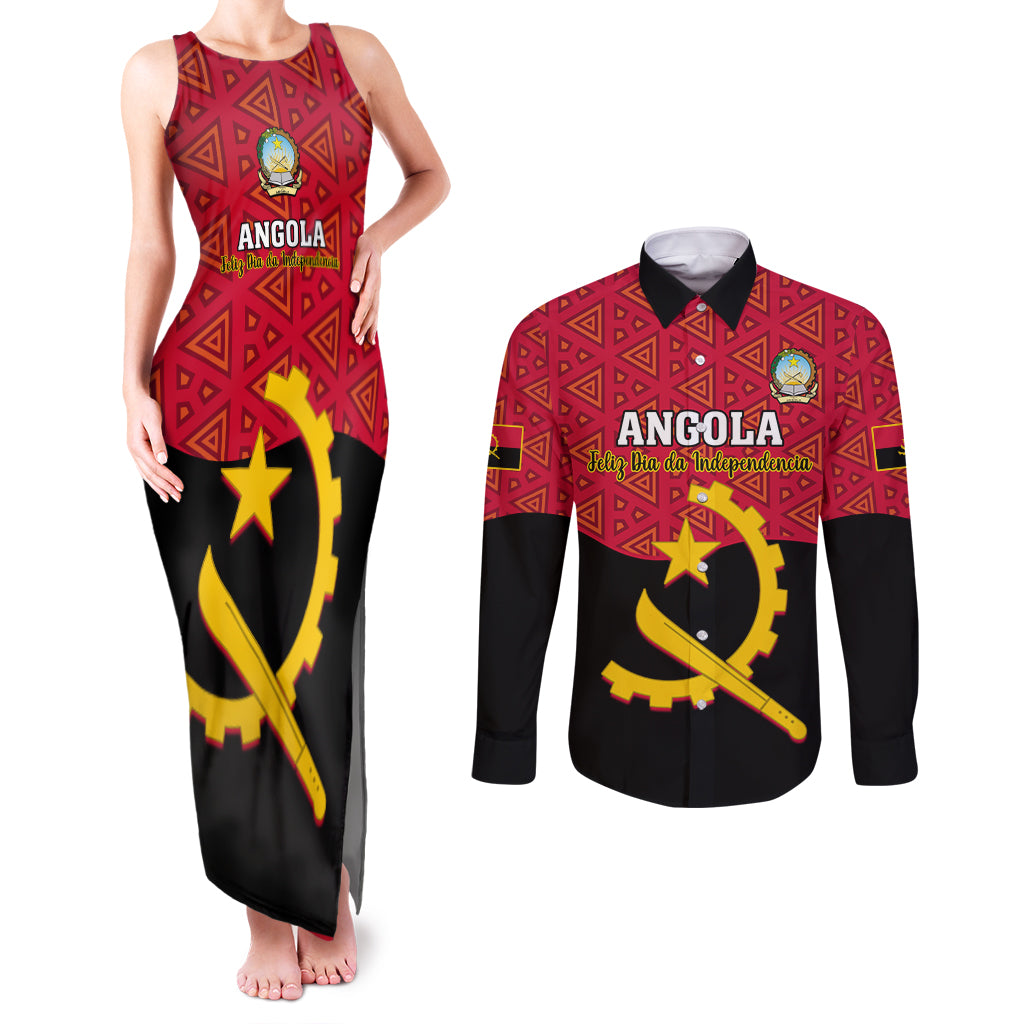 Personalised Angola Independence Day Couples Matching Tank Maxi Dress and Long Sleeve Button Shirts Angolan Samakaka With Giant Sable Antelope - Wonder Print Shop