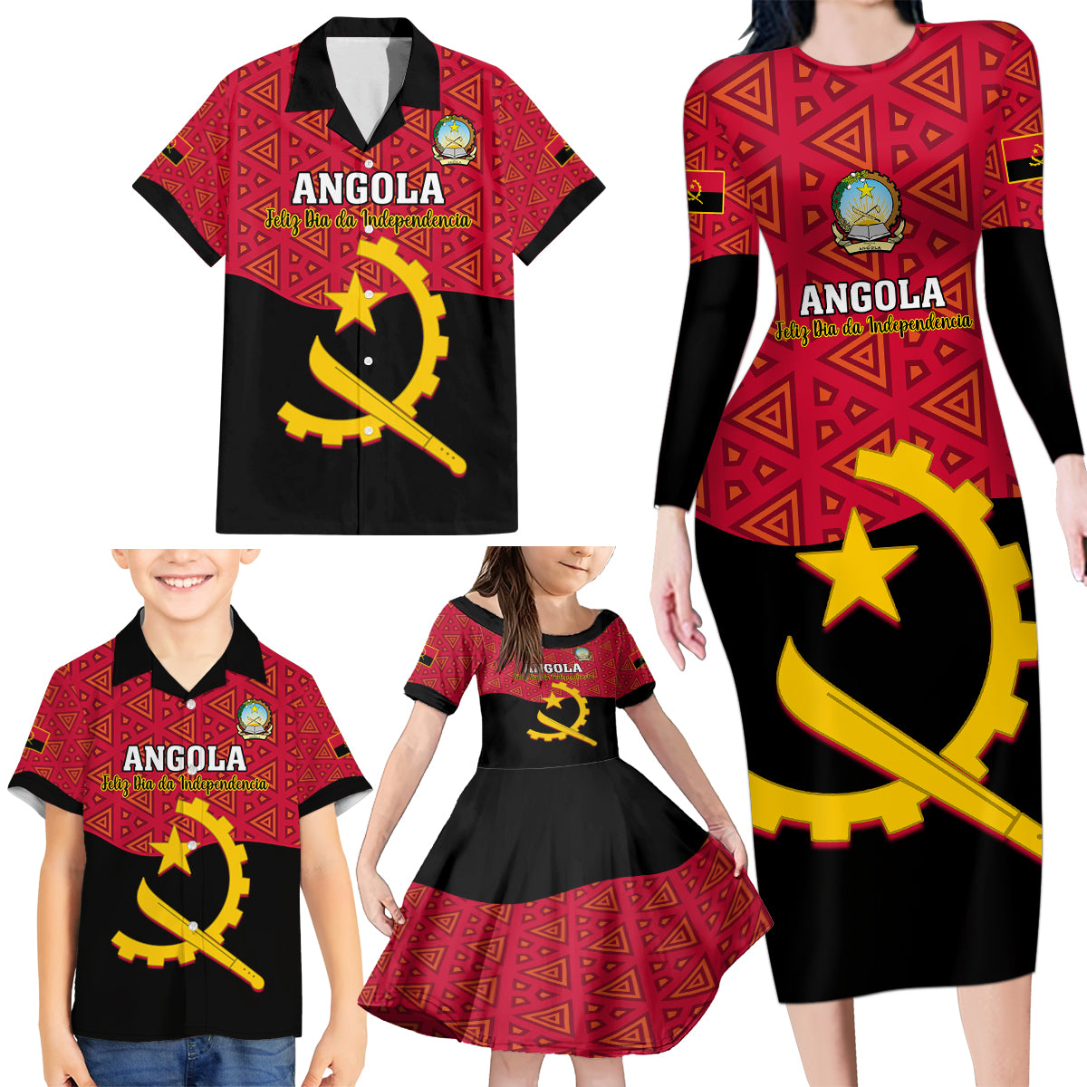 Personalised Angola Independence Day Family Matching Long Sleeve Bodycon Dress and Hawaiian Shirt Angolan Samakaka With Giant Sable Antelope - Wonder Print Shop