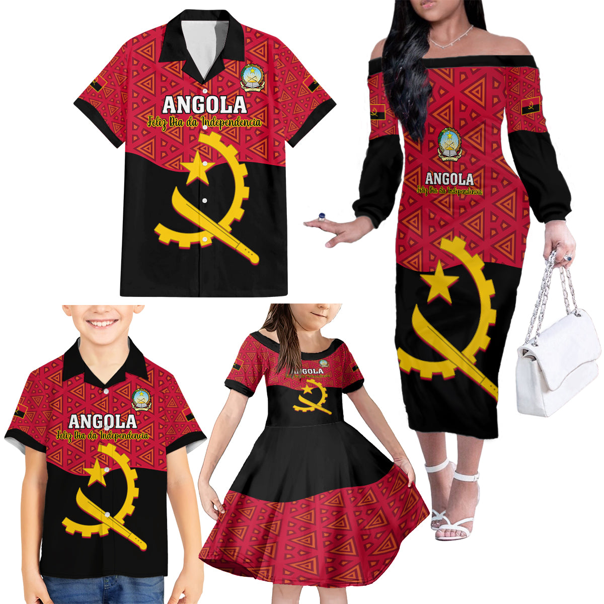 Personalised Angola Independence Day Family Matching Off Shoulder Long Sleeve Dress and Hawaiian Shirt Angolan Samakaka With Giant Sable Antelope - Wonder Print Shop