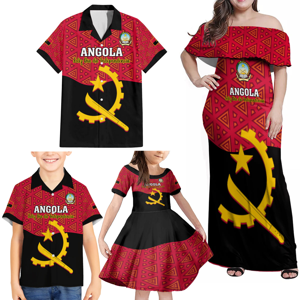 Personalised Angola Independence Day Family Matching Off Shoulder Maxi Dress and Hawaiian Shirt Angolan Samakaka With Giant Sable Antelope - Wonder Print Shop