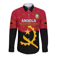 Red and black long-sleeve button shirt with Angola text and antelope graphic