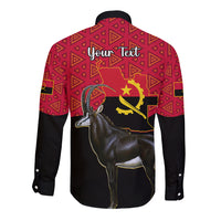 Red and black long-sleeve button shirt back with Angola map, antelope, and Your Text