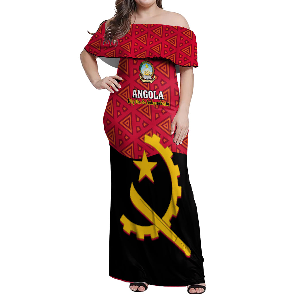 Personalised Angola Independence Day Off Shoulder Maxi Dress Angolan Samakaka With Giant Sable Antelope - Wonder Print Shop