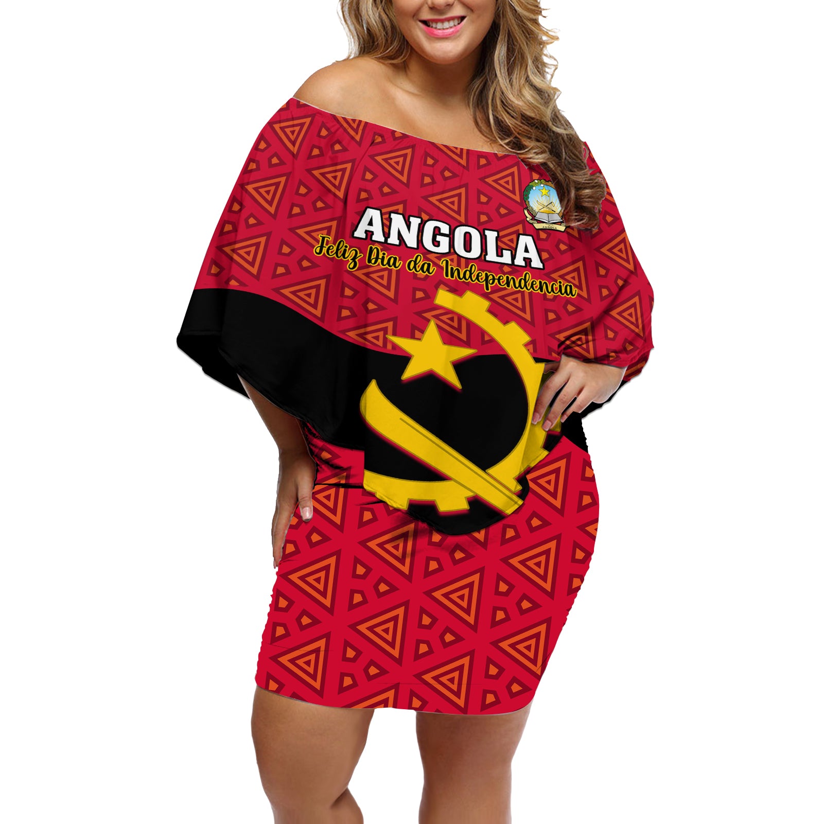 Personalised Angola Independence Day Off Shoulder Short Dress Angolan Samakaka With Giant Sable Antelope - Wonder Print Shop