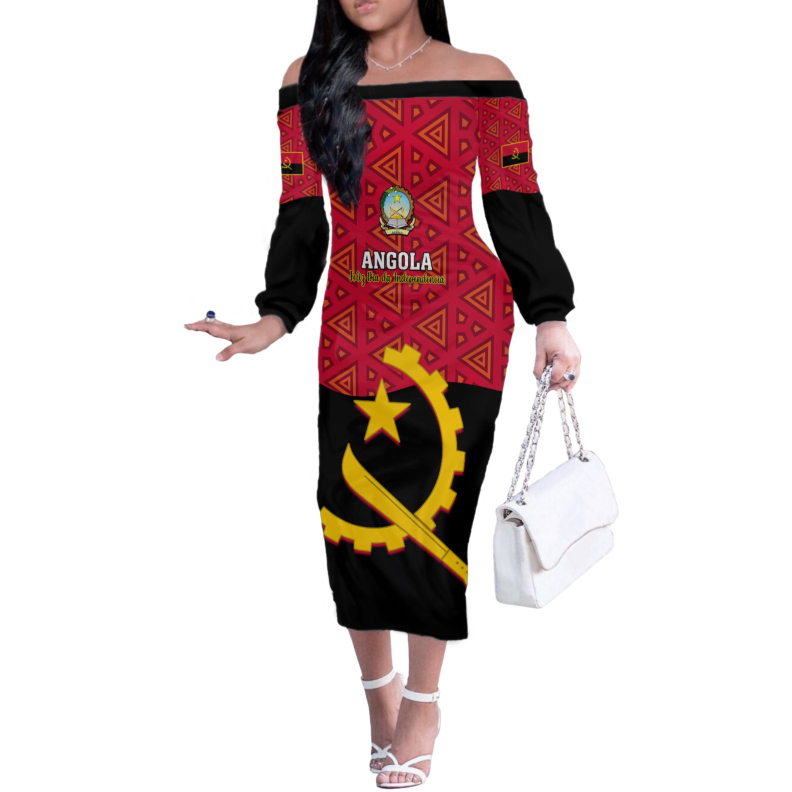 Personalised Angola Independence Day Off The Shoulder Long Sleeve Dress Angolan Samakaka With Giant Sable Antelope - Wonder Print Shop