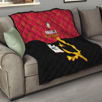 Angola quilt on sofa with red top panel and black quilted panel, yellow emblem artwork