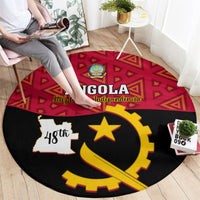 Round red and black Angola rug with crest, large yellow star, and 48th date print