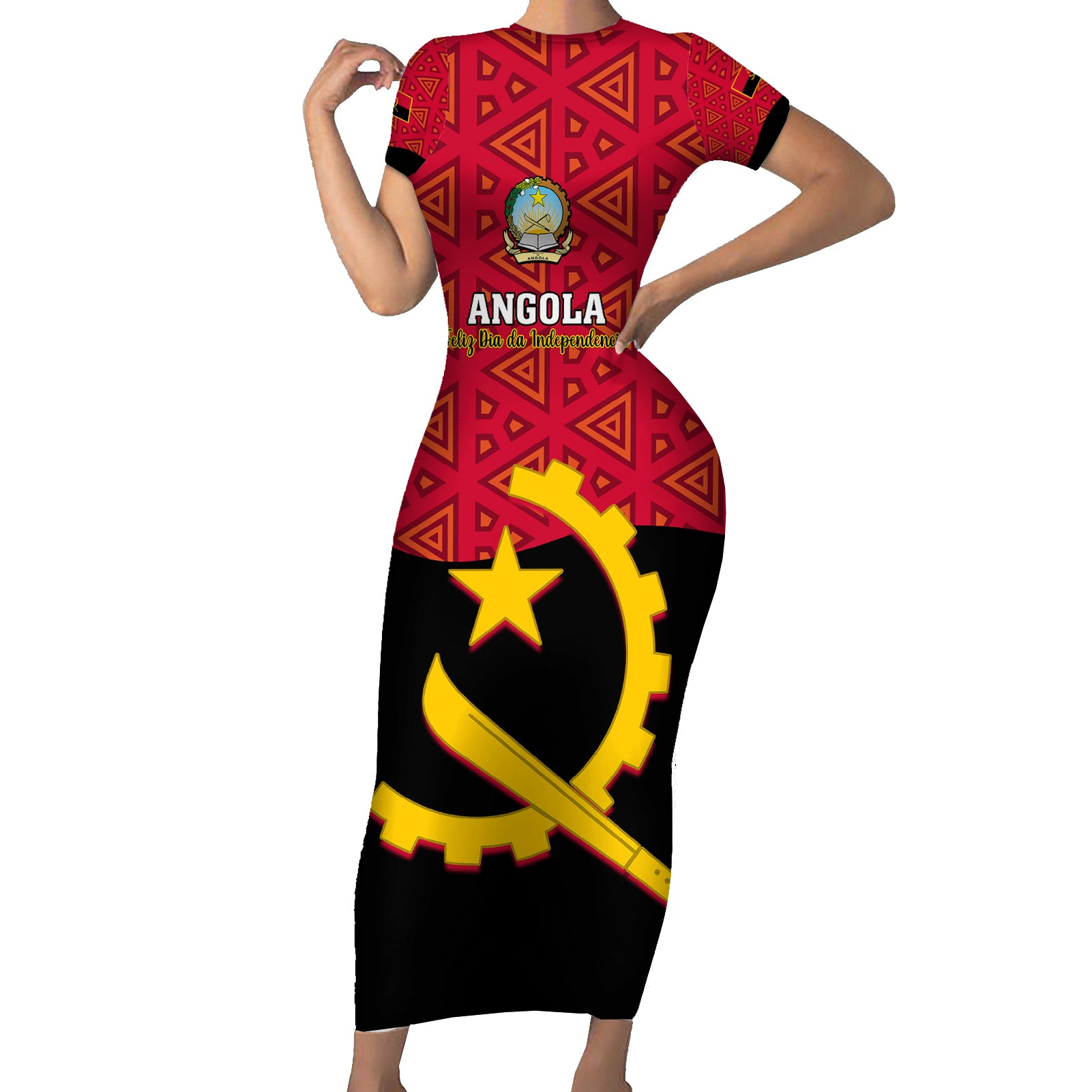 Personalised Angola Independence Day Short Sleeve Bodycon Dress Angolan Samakaka With Giant Sable Antelope - Wonder Print Shop