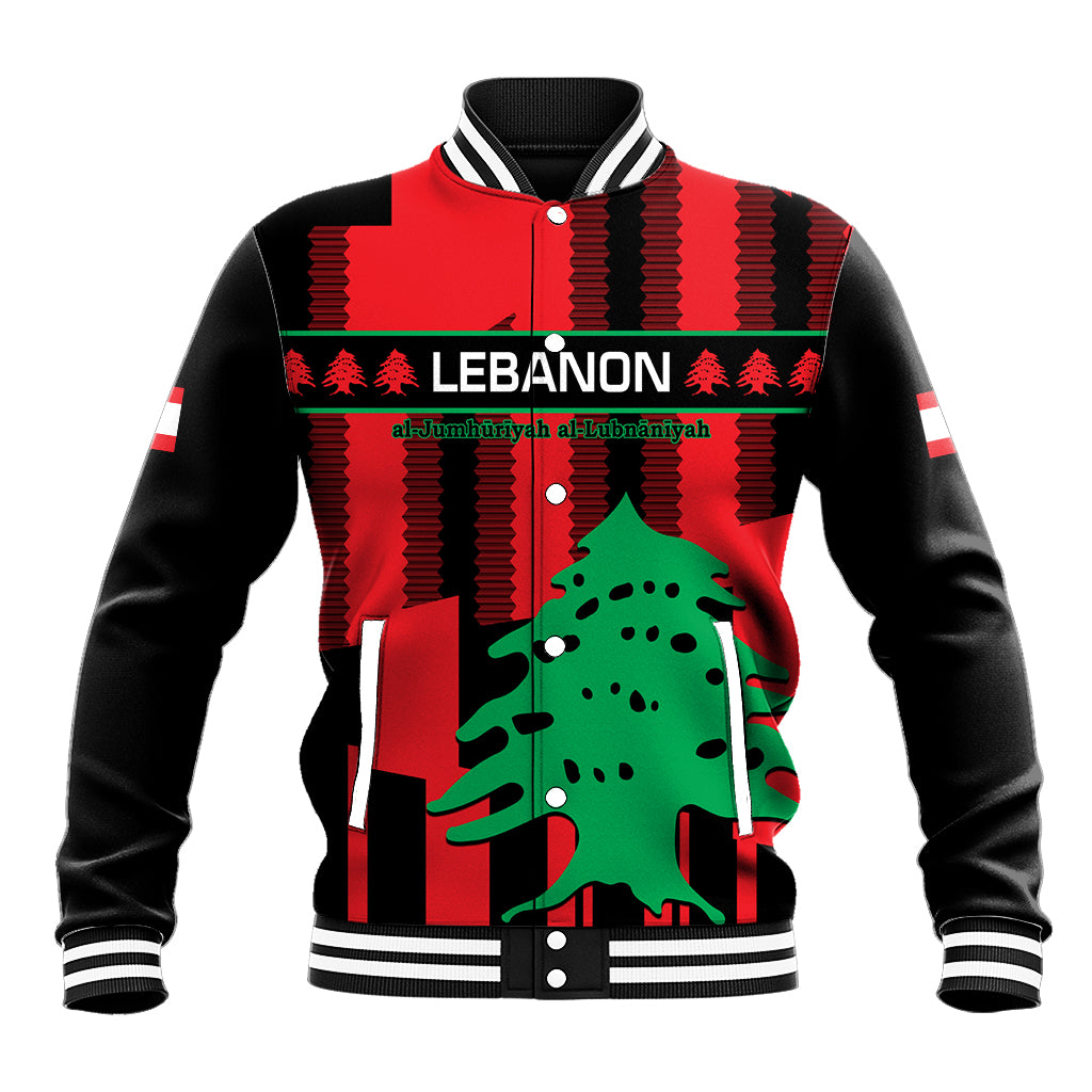Black and red baseball jacket with striped collar, Lebanon text, and cedar graphic