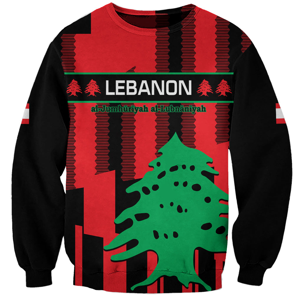 Unisex black sweatshirt with red Lebanon graphic, cedar tree design, ribbed cuffs