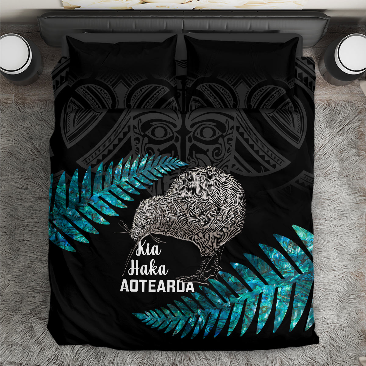 Black rugby bedding set with teal fern leaves, grey kiwi graphic, Kia Haka Aotearoa