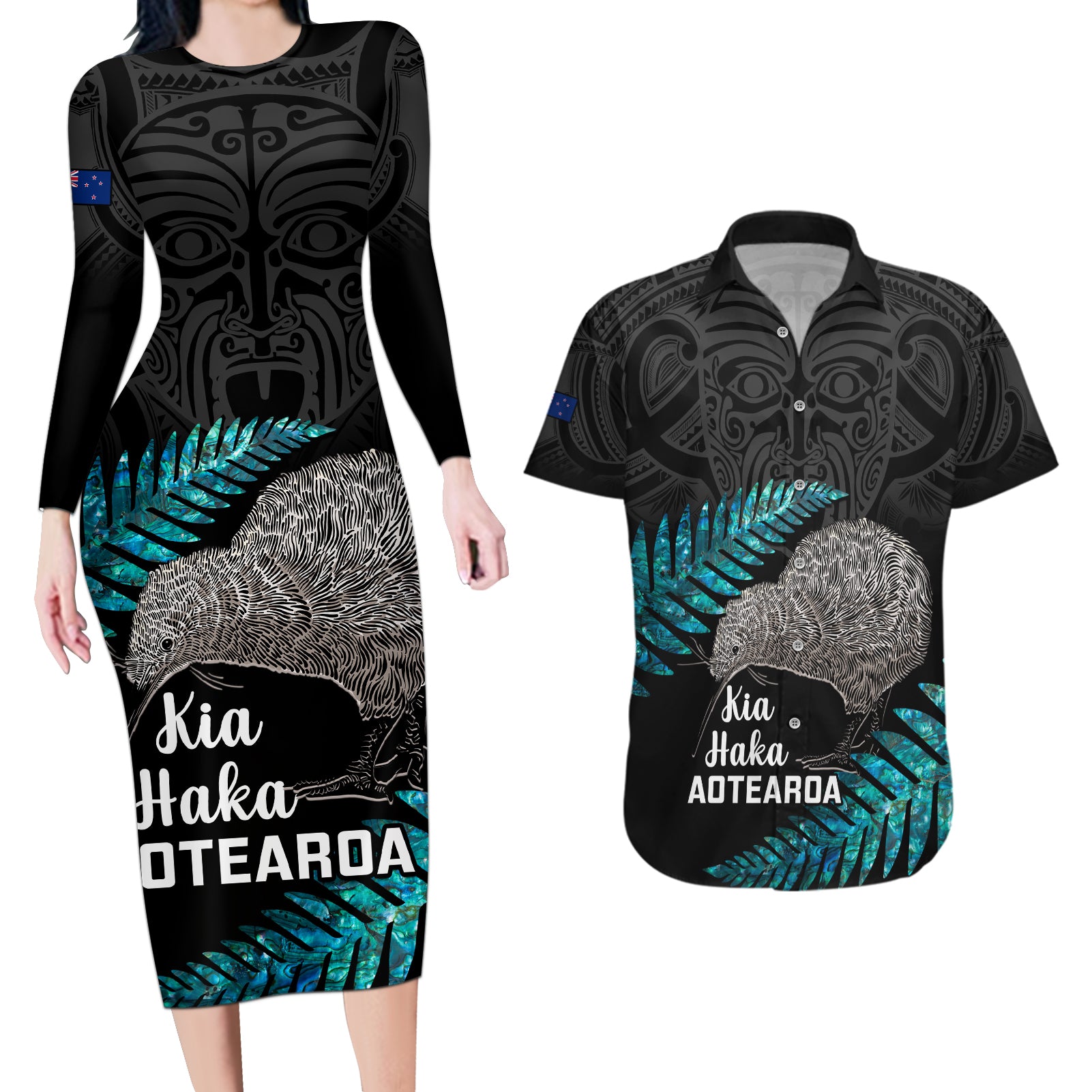 Custom New Zealand Silver Fern Rugby Couples Matching Long Sleeve Bodycon Dress and Hawaiian Shirt Pacific 2023 Kia Haka Kiwis With Maori Ta Moko - Wonder Print Shop