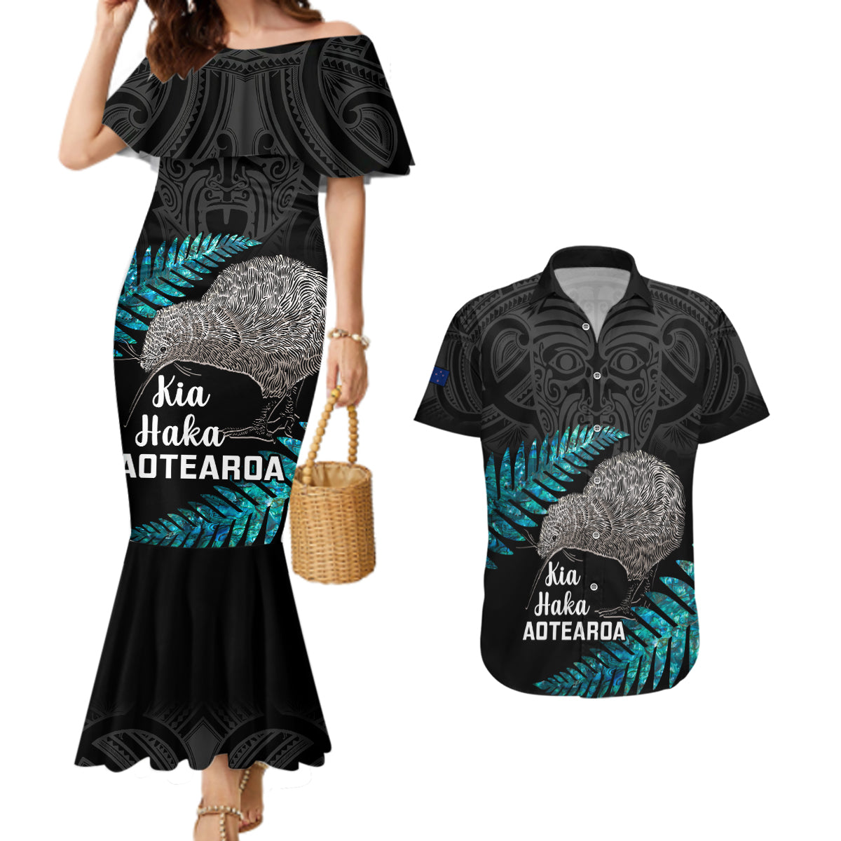 Custom New Zealand Silver Fern Rugby Couples Matching Mermaid Dress and Hawaiian Shirt Pacific 2023 Kia Haka Kiwis With Maori Ta Moko - Wonder Print Shop