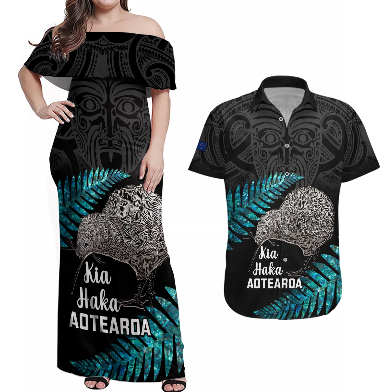 Custom New Zealand Silver Fern Rugby Couples Matching Off Shoulder Maxi Dress and Hawaiian Shirt Pacific 2023 Kia Haka Kiwis With Maori Ta Moko - Wonder Print Shop