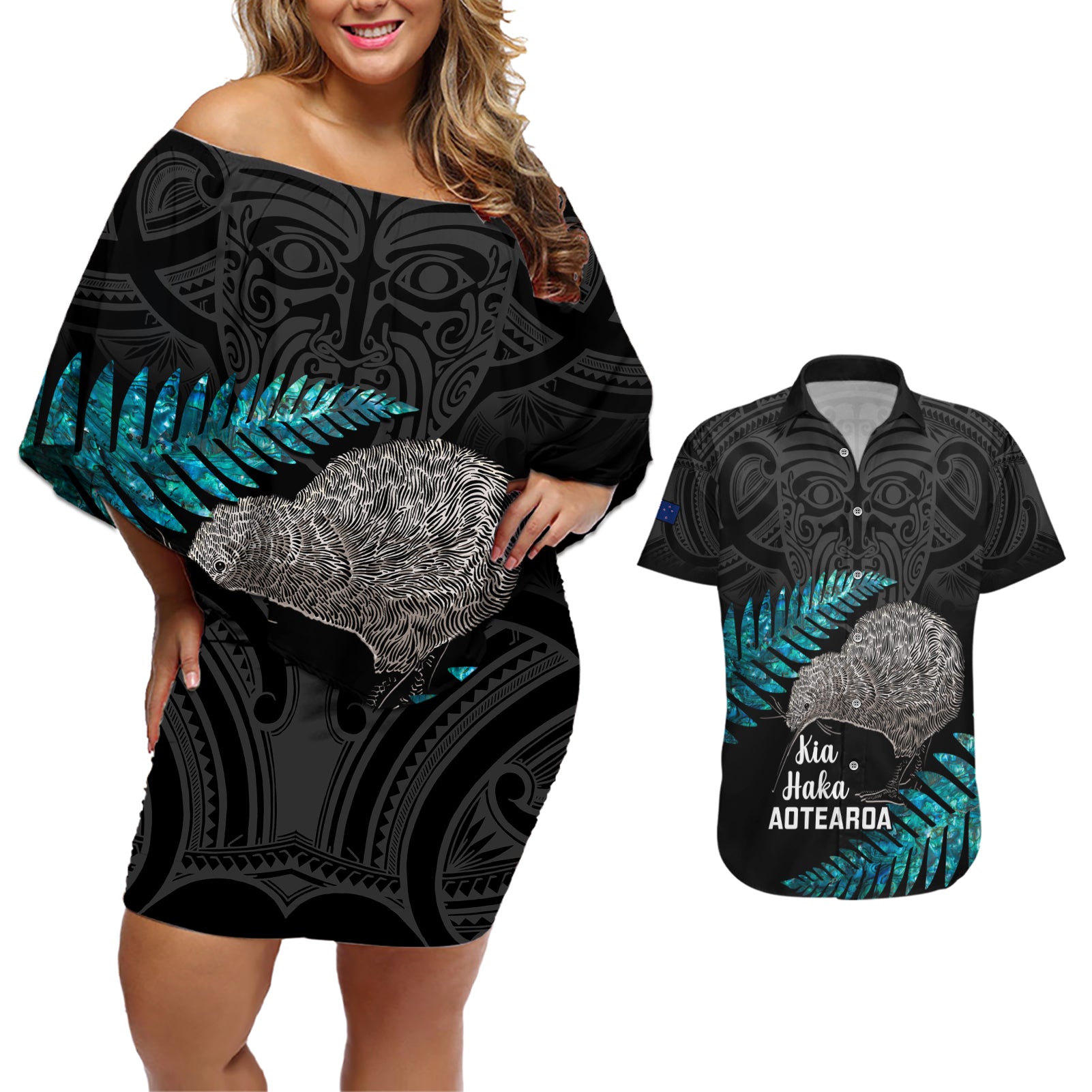 Custom New Zealand Silver Fern Rugby Couples Matching Off Shoulder Short Dress and Hawaiian Shirt Pacific 2023 Kia Haka Kiwis With Maori Ta Moko - Wonder Print Shop