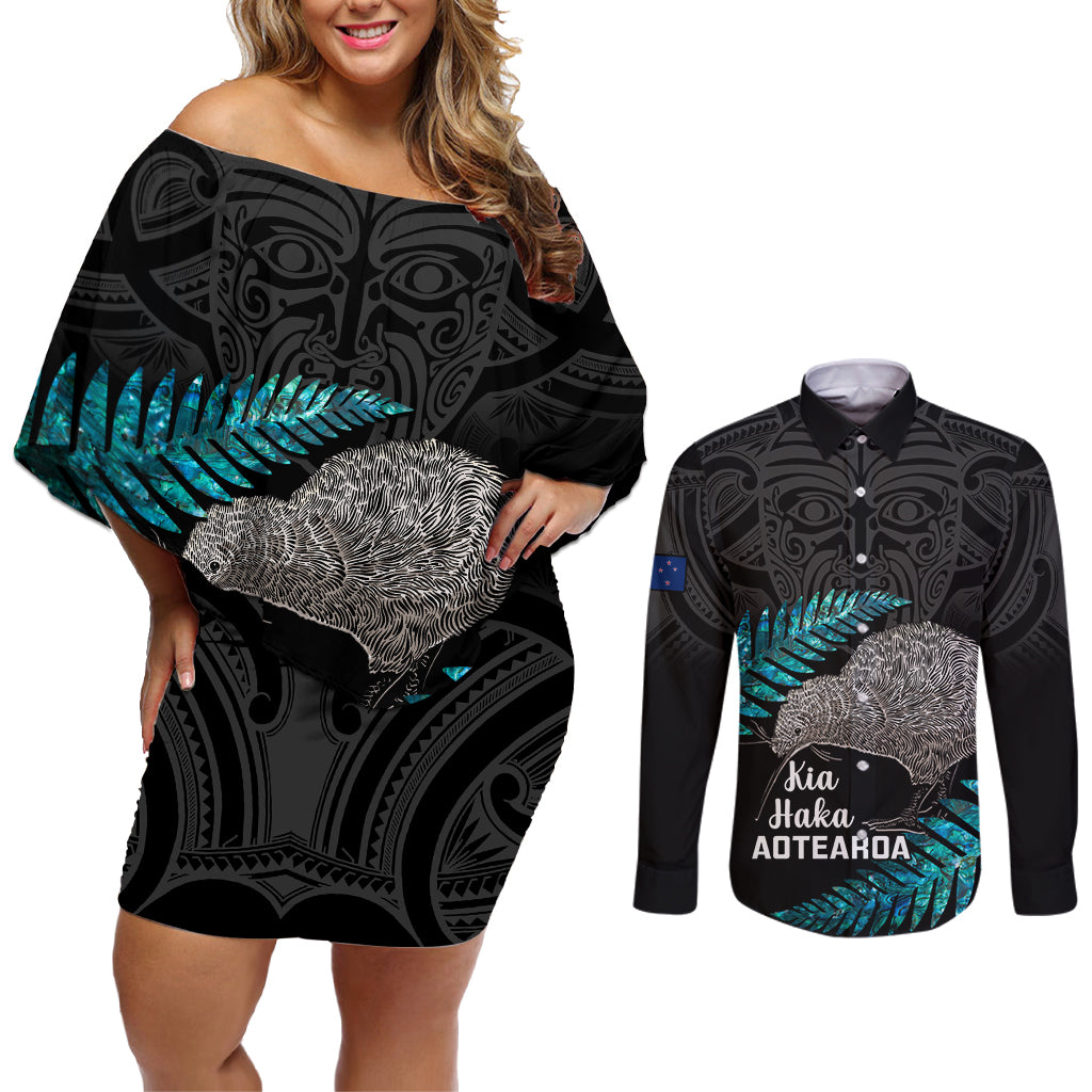 Custom New Zealand Silver Fern Rugby Couples Matching Off Shoulder Short Dress and Long Sleeve Button Shirts Pacific 2023 Kia Haka Kiwis With Maori Ta Moko - Wonder Print Shop