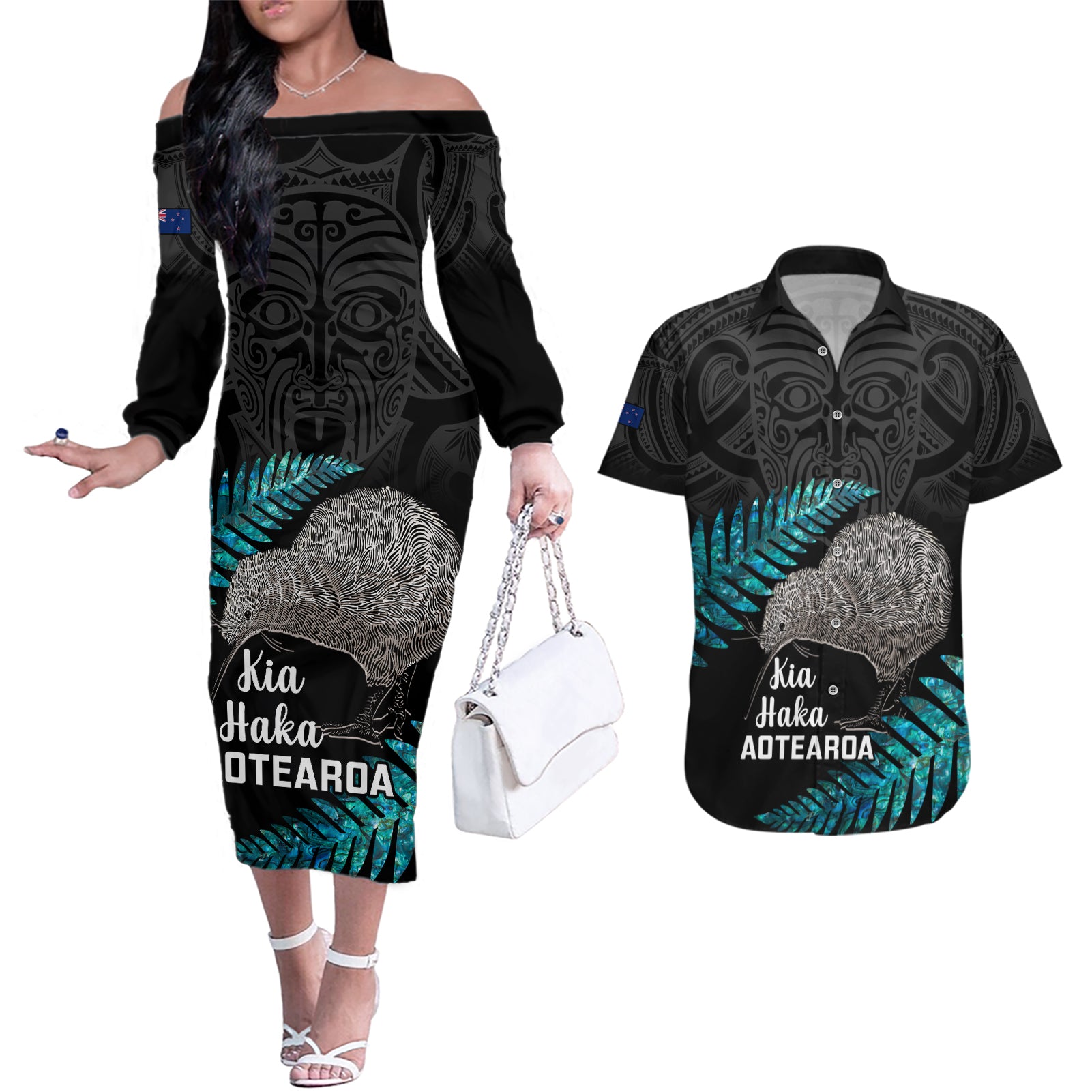 Custom New Zealand Silver Fern Rugby Couples Matching Off The Shoulder Long Sleeve Dress and Hawaiian Shirt Pacific 2023 Kia Haka Kiwis With Maori Ta Moko - Wonder Print Shop