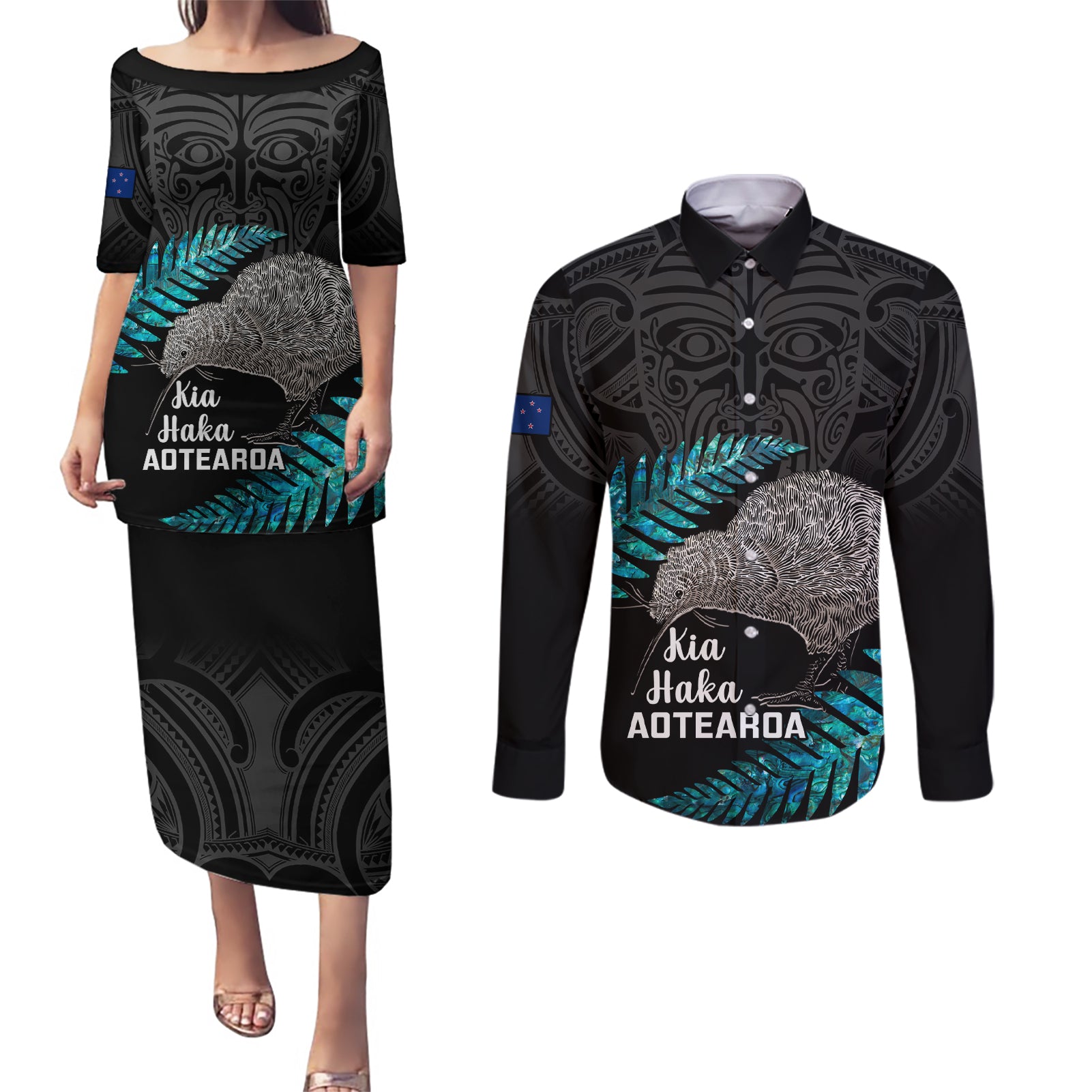 Custom New Zealand Silver Fern Rugby Couples Matching Puletasi Dress and Long Sleeve Button Shirts Pacific 2023 Kia Haka Kiwis With Maori Ta Moko - Wonder Print Shop