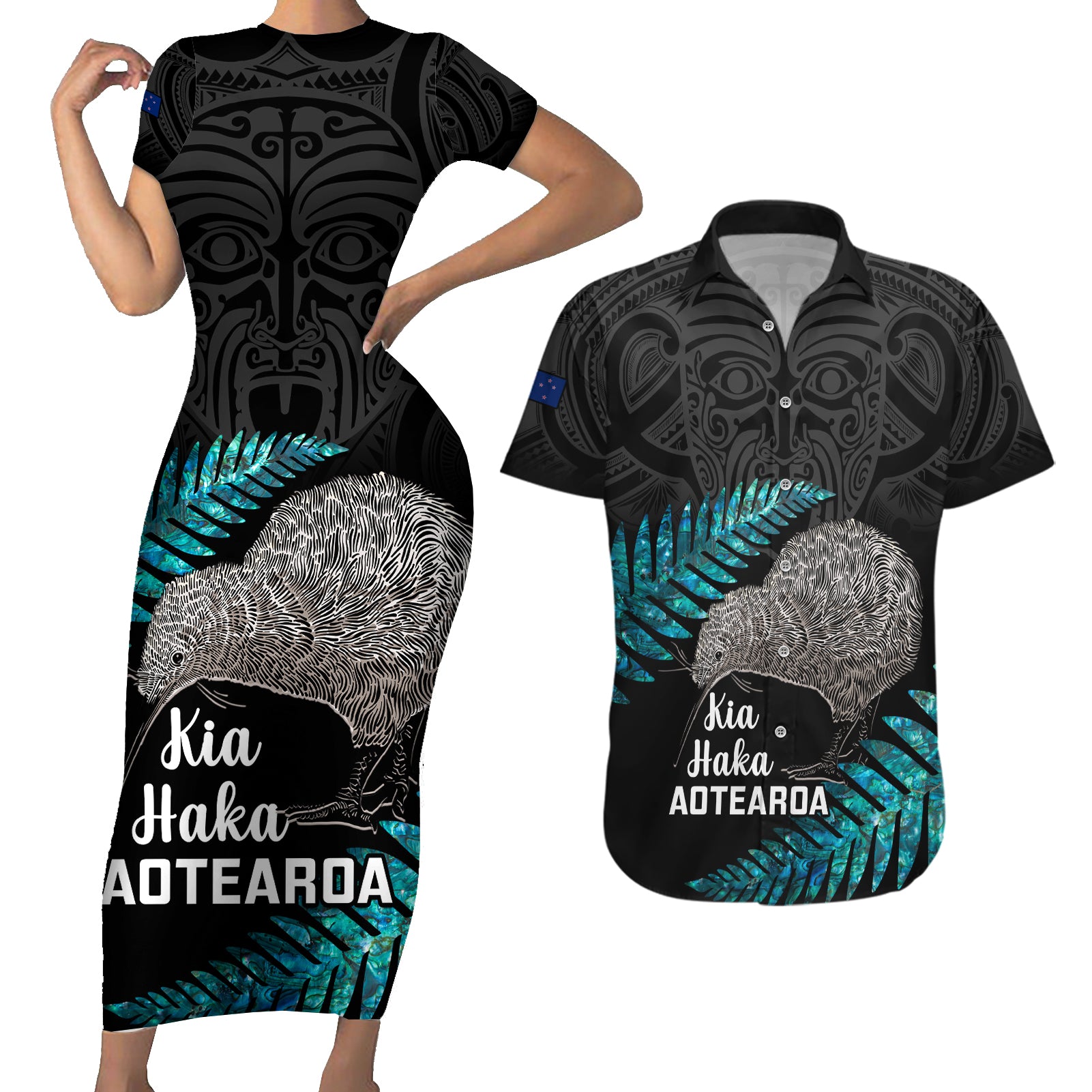 Custom New Zealand Silver Fern Rugby Couples Matching Short Sleeve Bodycon Dress and Hawaiian Shirt Pacific 2023 Kia Haka Kiwis With Maori Ta Moko - Wonder Print Shop