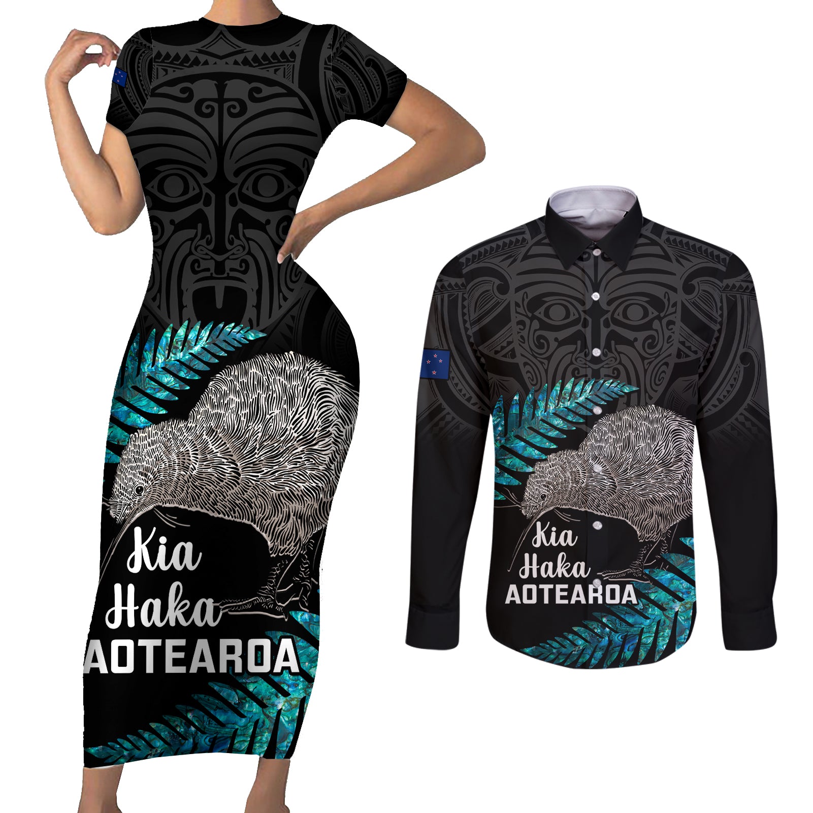 Custom New Zealand Silver Fern Rugby Couples Matching Short Sleeve Bodycon Dress and Long Sleeve Button Shirts Pacific 2023 Kia Haka Kiwis With Maori Ta Moko - Wonder Print Shop