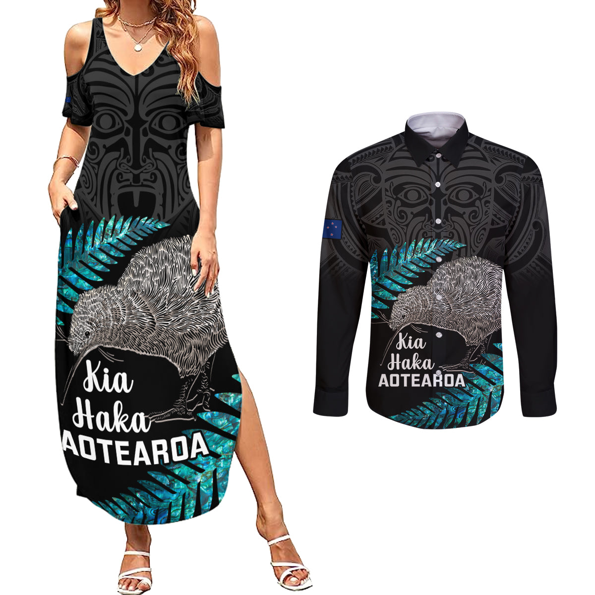 Custom New Zealand Silver Fern Rugby Couples Matching Summer Maxi Dress and Long Sleeve Button Shirts Pacific 2023 Kia Haka Kiwis With Maori Ta Moko - Wonder Print Shop