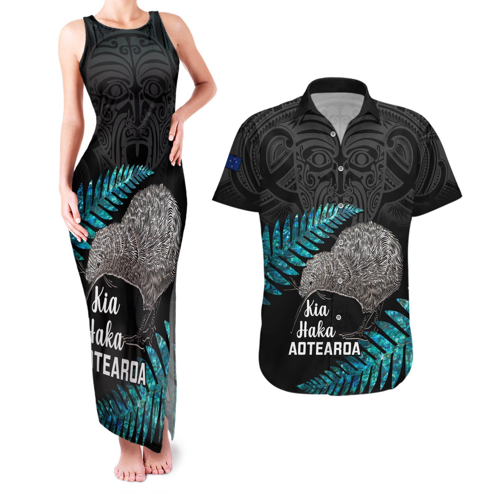 Custom New Zealand Silver Fern Rugby Couples Matching Tank Maxi Dress and Hawaiian Shirt Pacific 2023 Kia Haka Kiwis With Maori Ta Moko - Wonder Print Shop