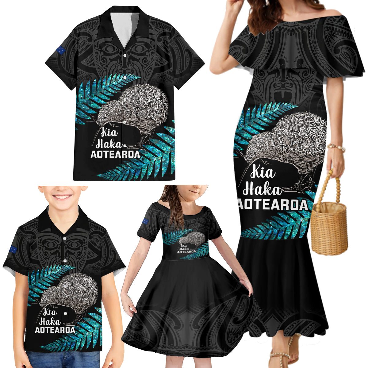 Custom New Zealand Silver Fern Rugby Family Matching Mermaid Dress and Hawaiian Shirt Pacific 2023 Kia Haka Kiwis With Maori Ta Moko - Wonder Print Shop