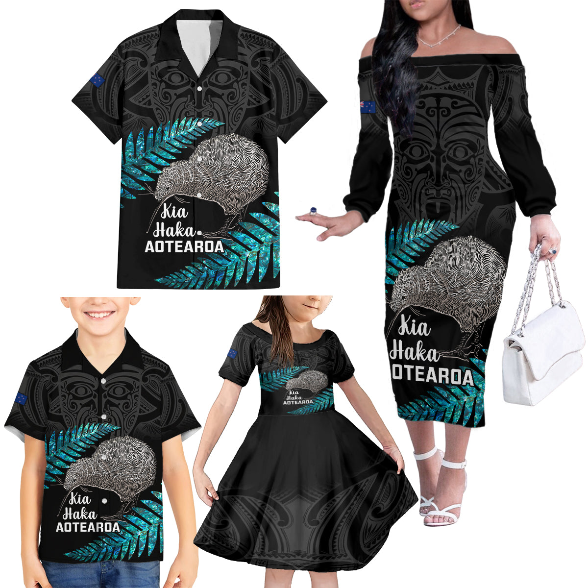 Custom New Zealand Silver Fern Rugby Family Matching Off Shoulder Long Sleeve Dress and Hawaiian Shirt Pacific 2023 Kia Haka Kiwis With Maori Ta Moko - Wonder Print Shop