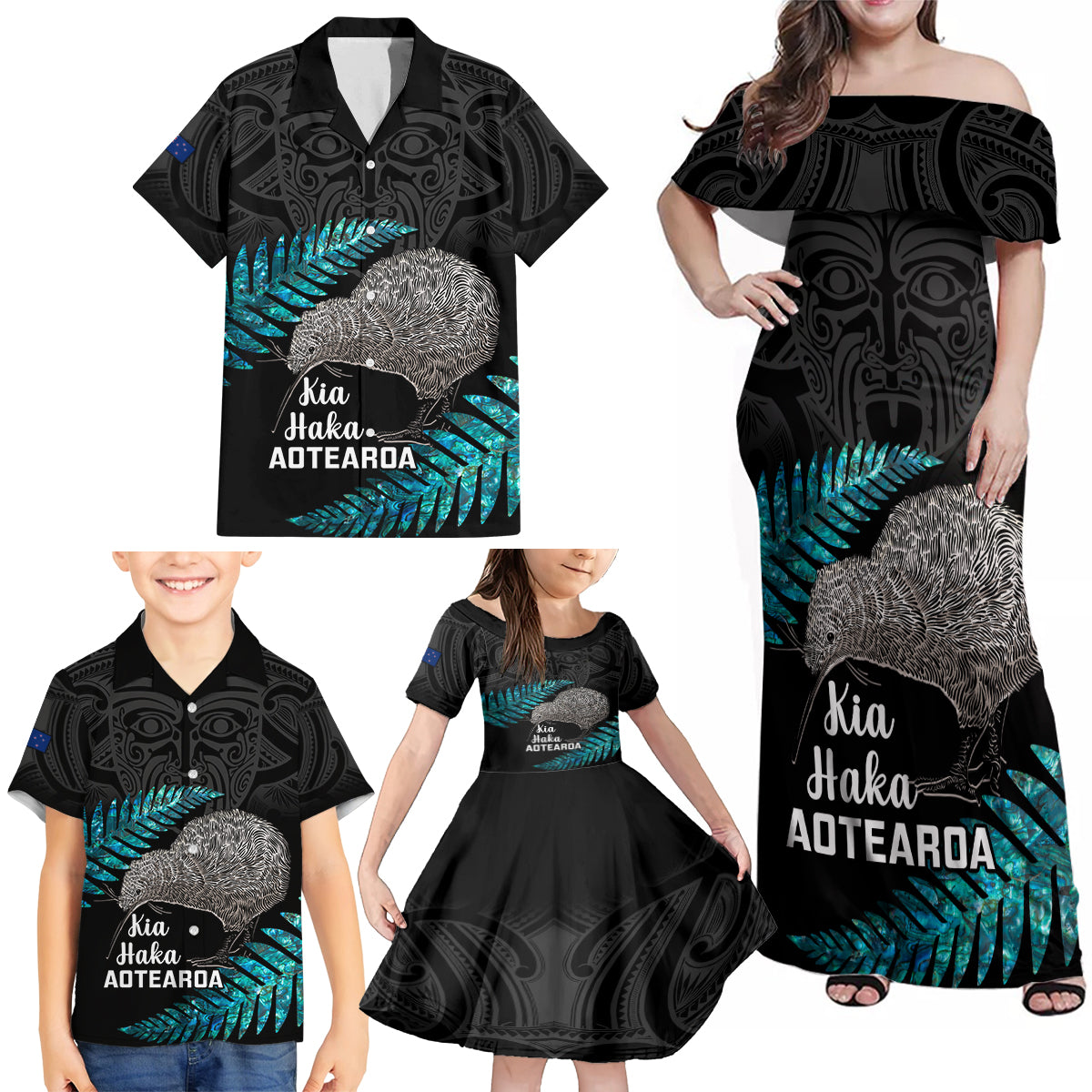 Custom New Zealand Silver Fern Rugby Family Matching Off Shoulder Maxi Dress and Hawaiian Shirt Pacific 2023 Kia Haka Kiwis With Maori Ta Moko - Wonder Print Shop