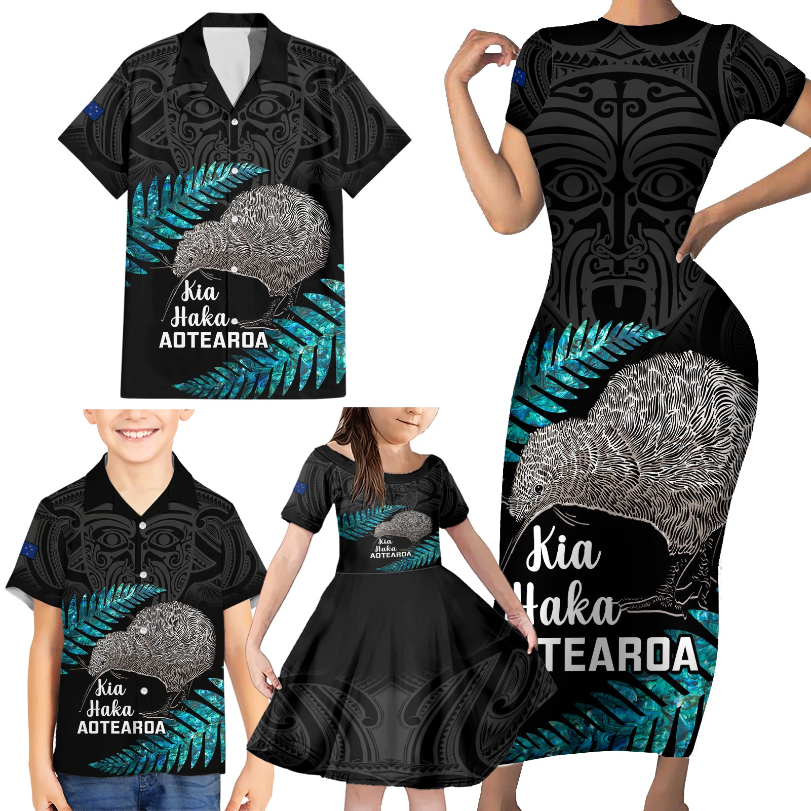 Custom New Zealand Silver Fern Rugby Family Matching Short Sleeve Bodycon Dress and Hawaiian Shirt Pacific 2023 Kia Haka Kiwis With Maori Ta Moko - Wonder Print Shop