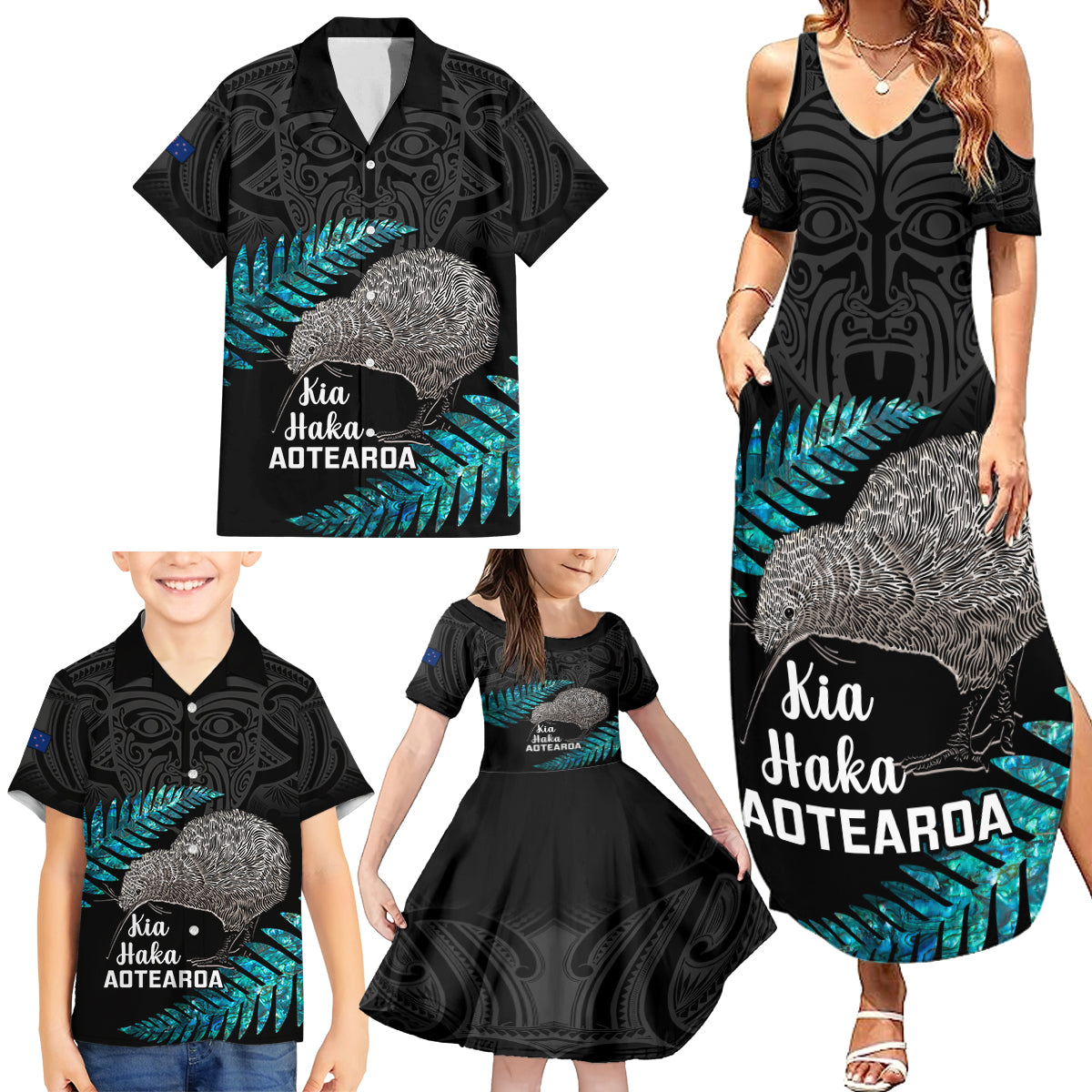 Custom New Zealand Silver Fern Rugby Family Matching Summer Maxi Dress and Hawaiian Shirt Pacific 2023 Kia Haka Kiwis With Maori Ta Moko - Wonder Print Shop