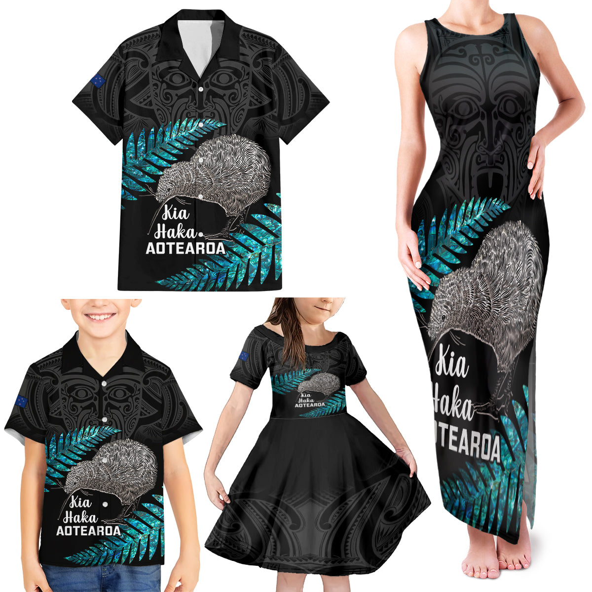 Custom New Zealand Silver Fern Rugby Family Matching Tank Maxi Dress and Hawaiian Shirt Pacific 2023 Kia Haka Kiwis With Maori Ta Moko - Wonder Print Shop