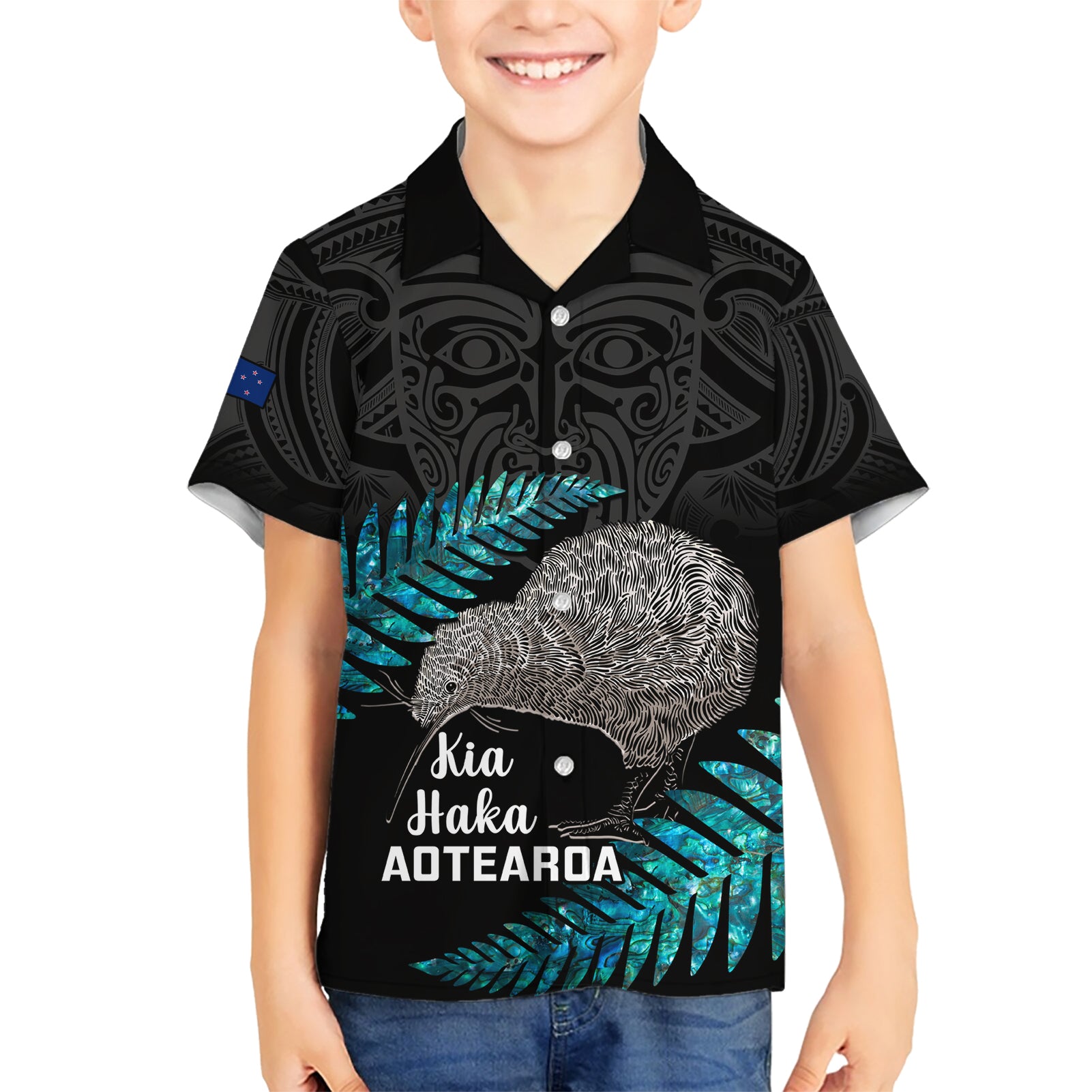 Custom New Zealand Silver Fern Rugby Kid Hawaiian Shirt Pacific 2023 Kia Haka Kiwis With Maori Ta Moko - Wonder Print Shop