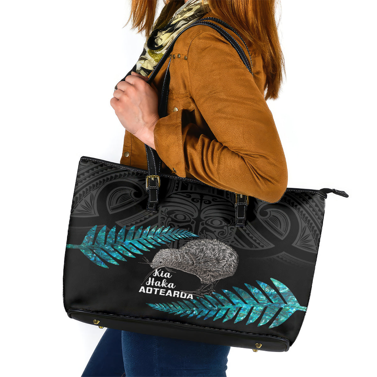 New Zealand Silver Fern Rugby Leather Tote Bag Pacific 2023 Kia Haka Kiwis With Maori Ta Moko - Wonder Print Shop