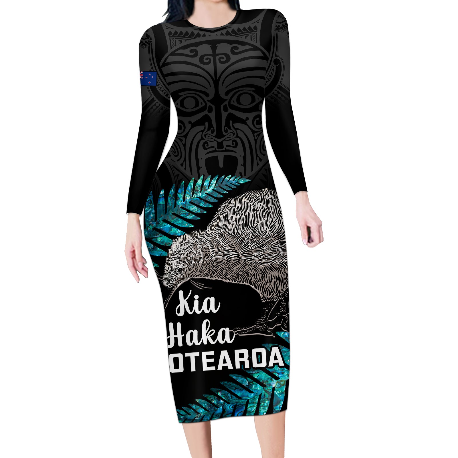 Custom New Zealand Silver Fern Rugby Long Sleeve Bodycon Dress Pacific 2023 Kia Haka Kiwis With Maori Ta Moko - Wonder Print Shop