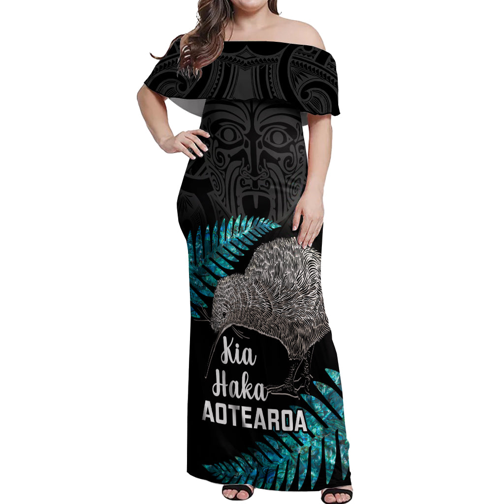 Custom New Zealand Silver Fern Rugby Off Shoulder Maxi Dress Pacific 2023 Kia Haka Kiwis With Maori Ta Moko - Wonder Print Shop