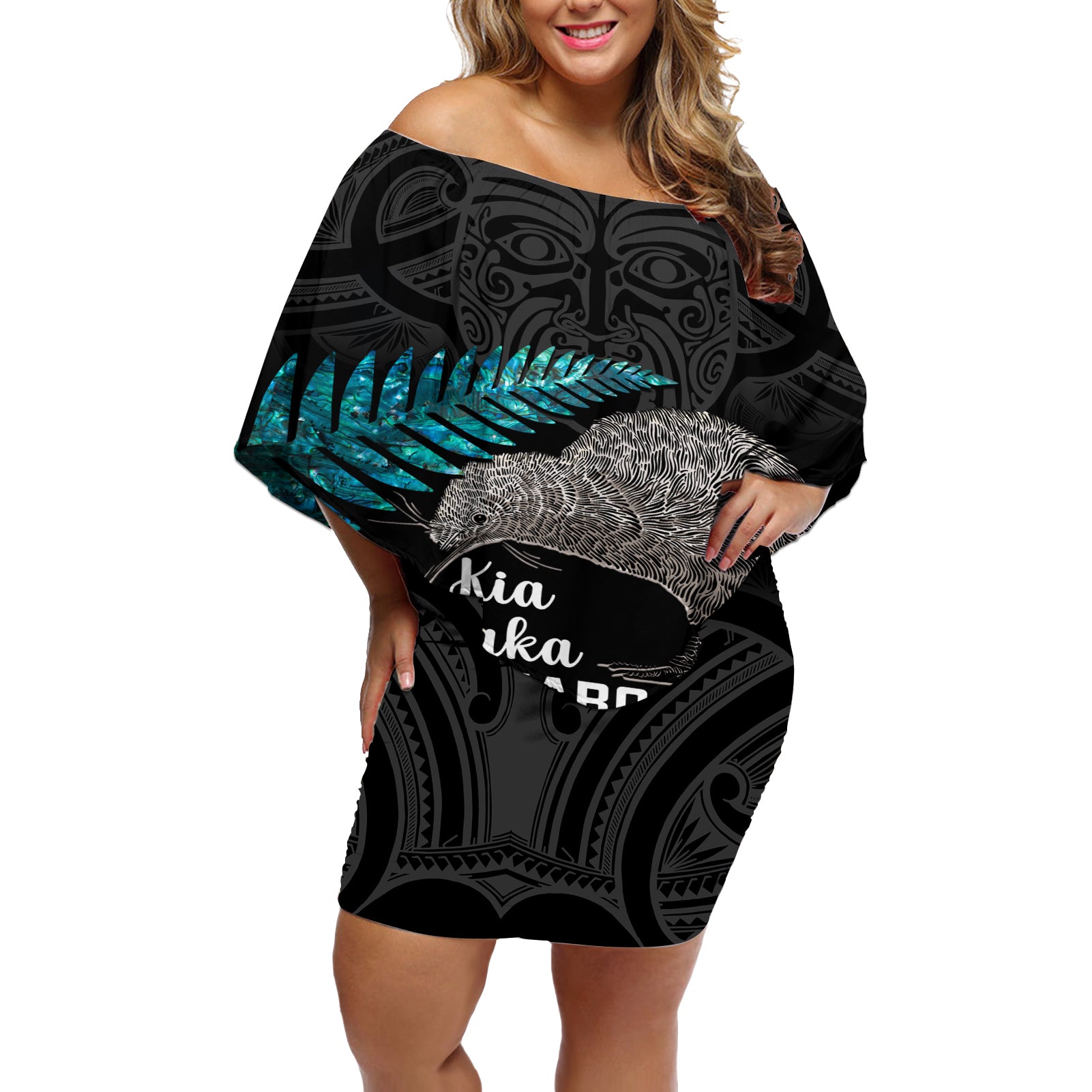 Custom New Zealand Silver Fern Rugby Off Shoulder Short Dress Pacific 2023 Kia Haka Kiwis With Maori Ta Moko - Wonder Print Shop