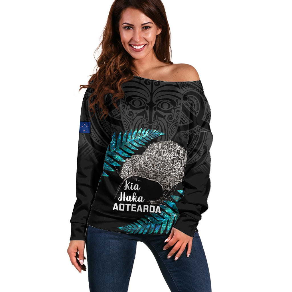 Custom New Zealand Silver Fern Rugby Off Shoulder Sweater Pacific 2023 Kia Haka Kiwis With Maori Ta Moko - Wonder Print Shop