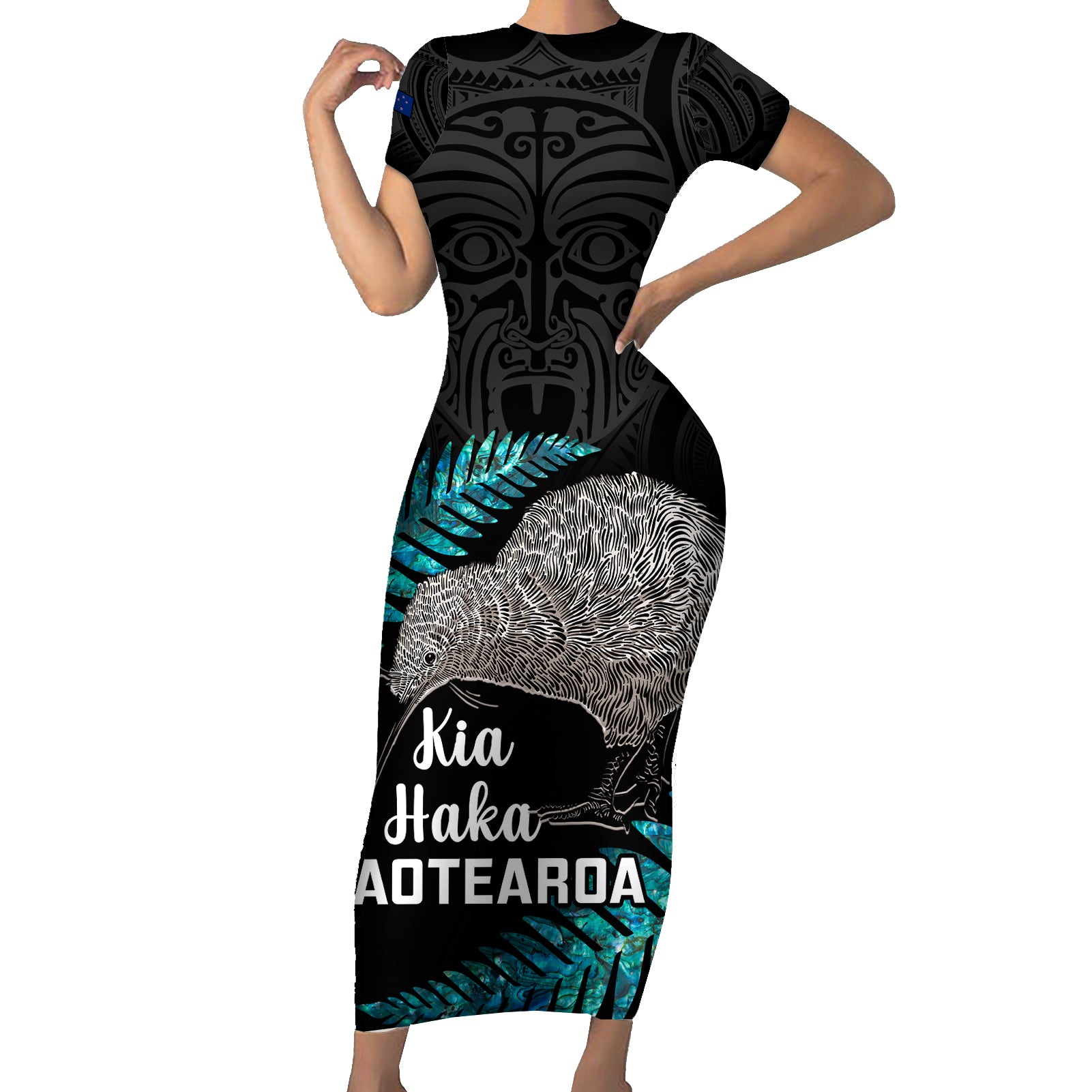 Custom New Zealand Silver Fern Rugby Short Sleeve Bodycon Dress Pacific 2023 Kia Haka Kiwis With Maori Ta Moko - Wonder Print Shop