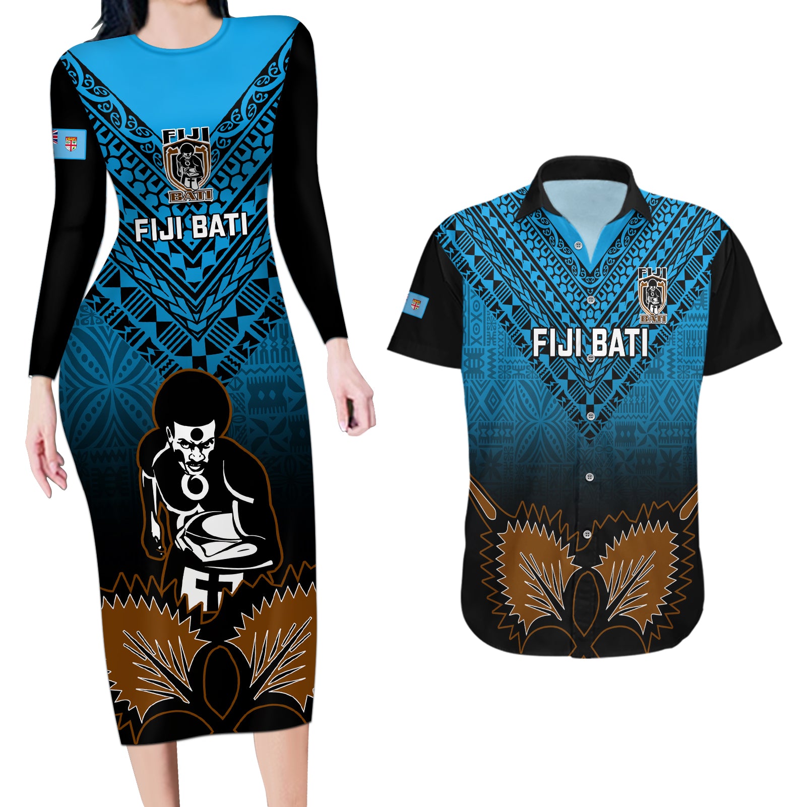 Custom Fiji Tapa Rugby Couples Matching Long Sleeve Bodycon Dress and Hawaiian Shirt Pacific 2023 Go Fijian Bati - Wonder Print Shop