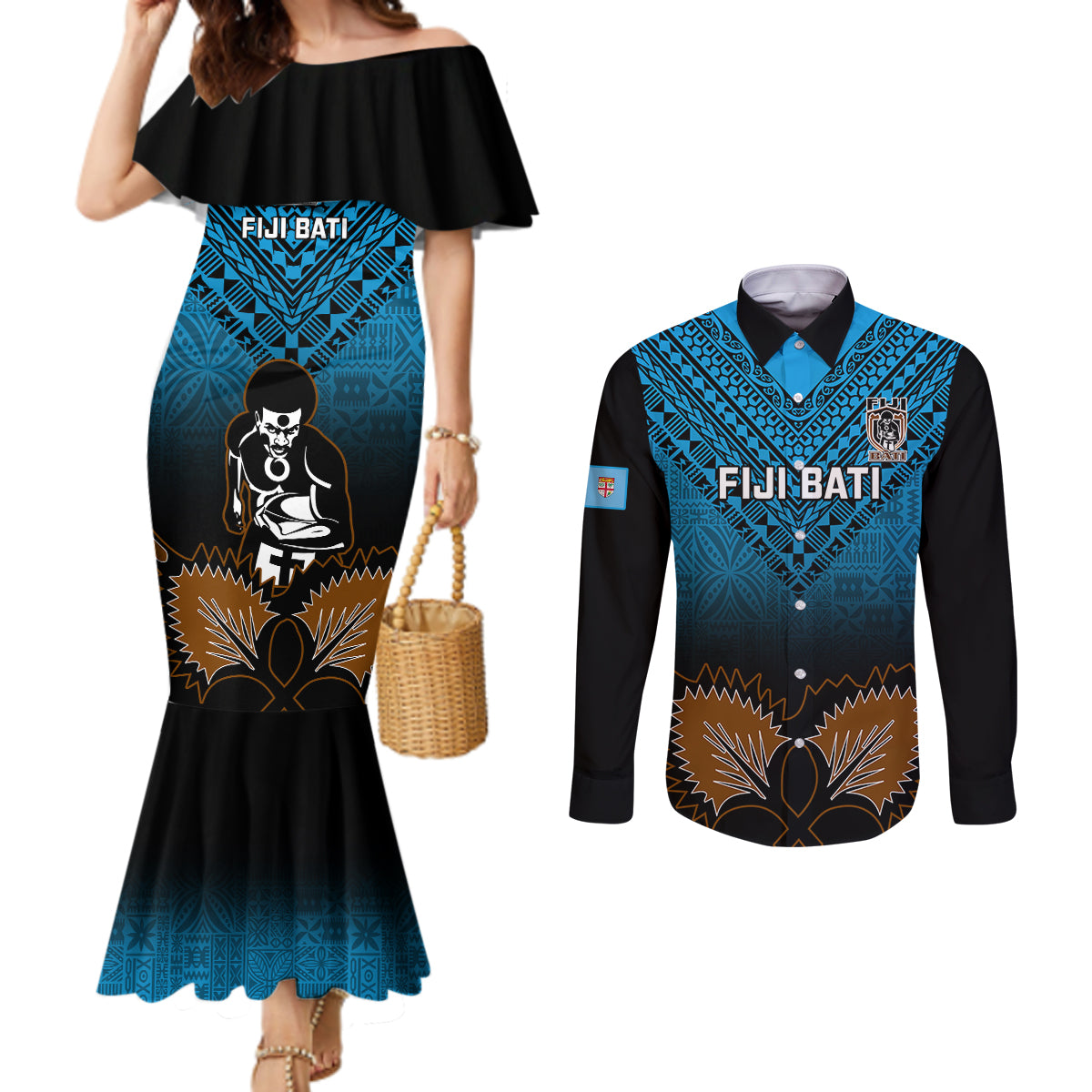 custom-fiji-tapa-rugby-couples-matching-mermaid-dress-and-long-sleeve-button-shirts-pacific-2023-go-fijian-bati