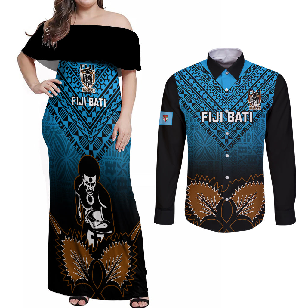 Custom Fiji Tapa Rugby Couples Matching Off Shoulder Maxi Dress and Long Sleeve Button Shirts Pacific 2023 Go Fijian Bati - Wonder Print Shop