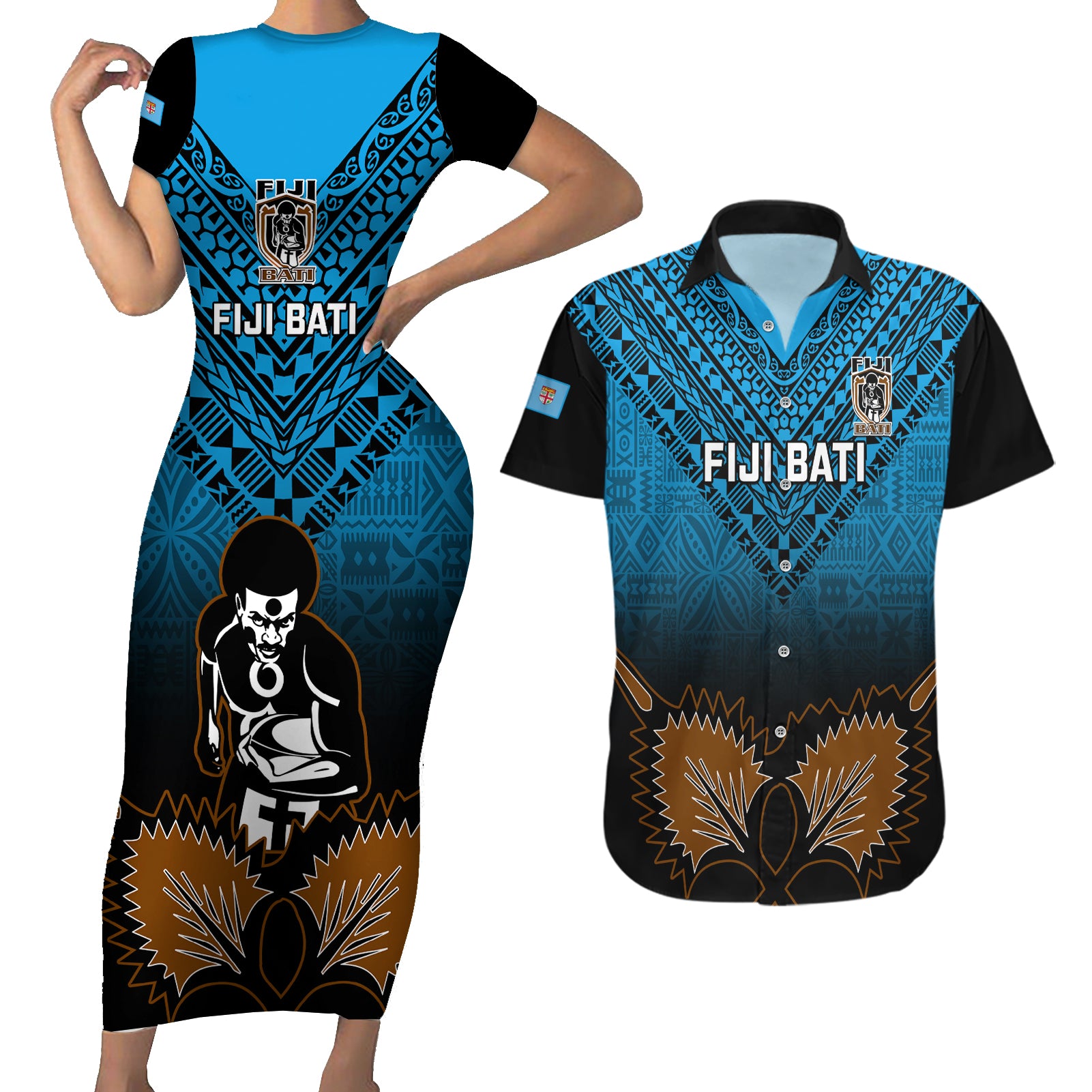 Custom Fiji Tapa Rugby Couples Matching Short Sleeve Bodycon Dress and Hawaiian Shirt Pacific 2023 Go Fijian Bati - Wonder Print Shop