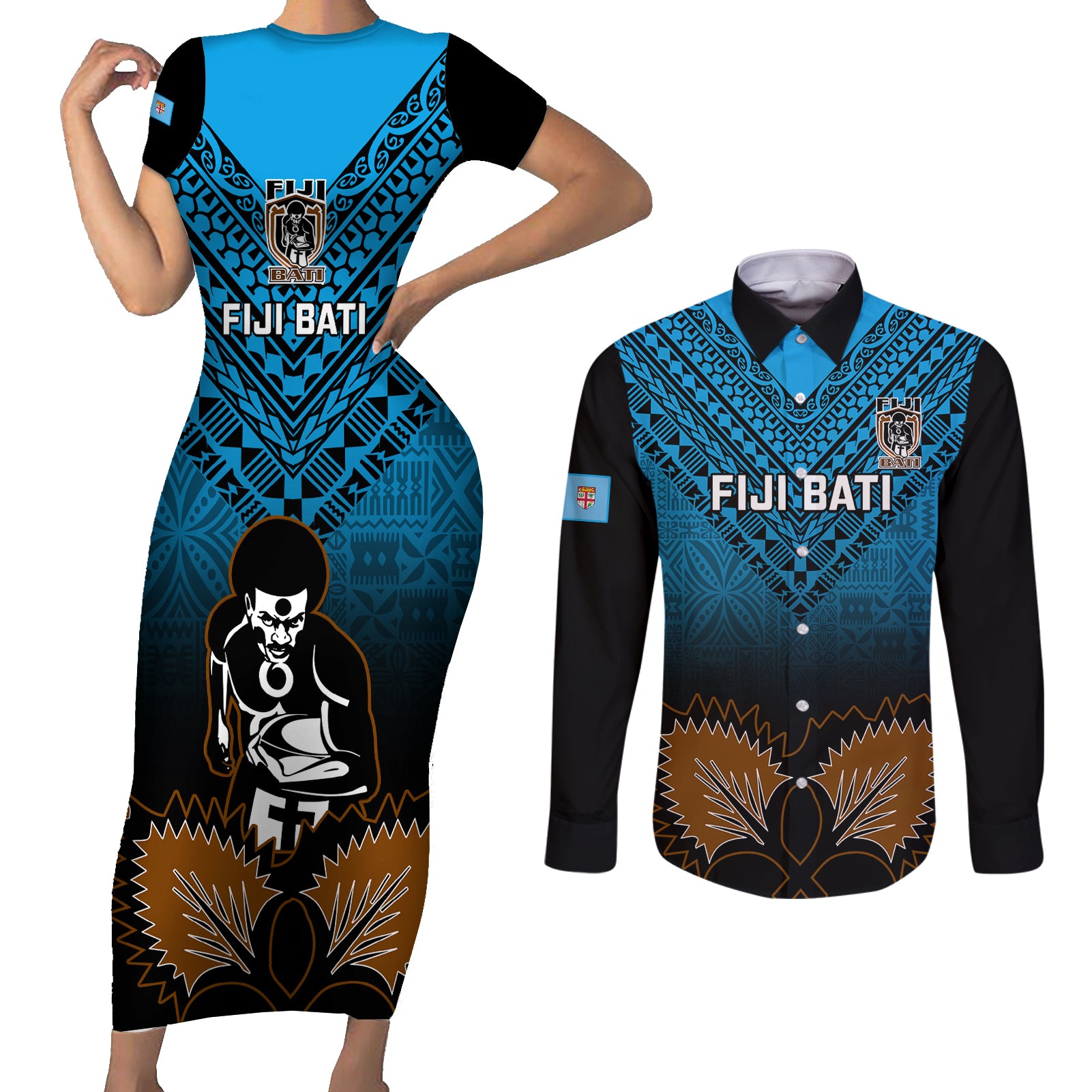 Custom Fiji Tapa Rugby Couples Matching Short Sleeve Bodycon Dress and Long Sleeve Button Shirts Pacific 2023 Go Fijian Bati - Wonder Print Shop